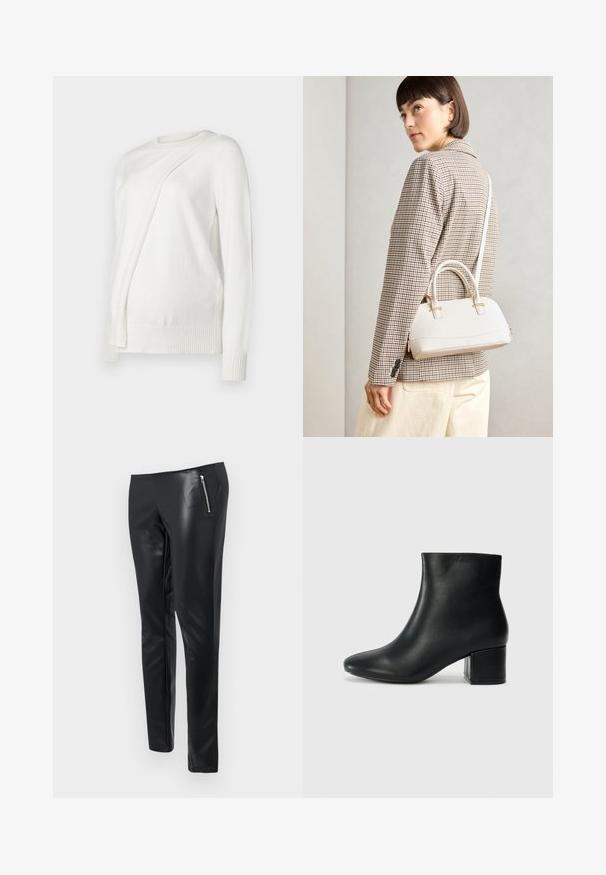 Biely svetlý sveter s dlhým rukávom a okrúhlym výstrihom, s diagonálne prehnutým dizajnom na prednej strane a rebrovanými manžetami a lemom. Mäkkučký materiál.; Čierne faux kožené nohavice so slim fit strihom, s prednou vreckom na zips a hladkou, lesklou textúrou.; Čierne kožené členkové čižmy s špicatou špičkou a hrubým podpätkom. Hladká textúra s minimálnymi akcentmi a elegantným, priliehavým dizajnom.; Biela štruktúrovaná kabelka s krátkymi rúčkami a ramenným popruhom, s zlatými kovovými prvkami a textúrovaným materiálom, vystavená na šedom pozadí.