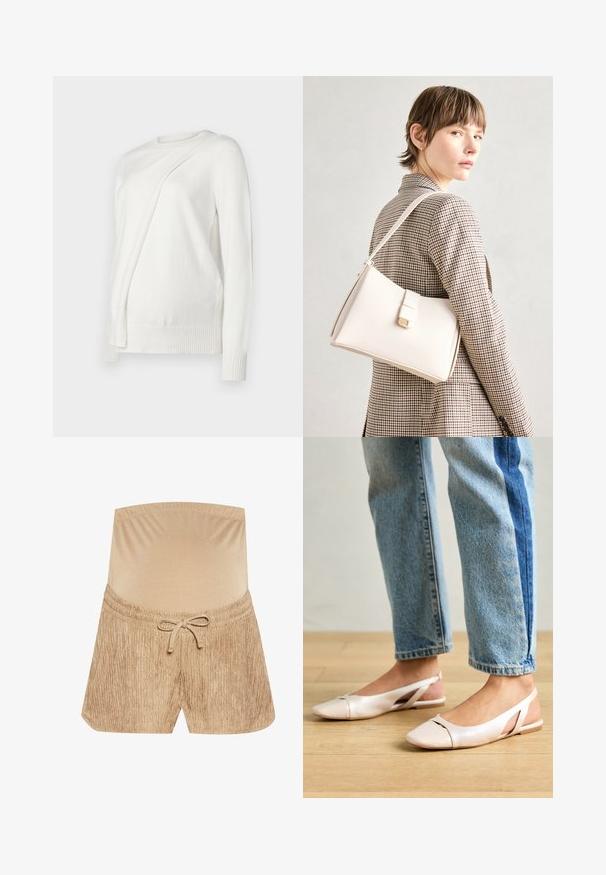 Biely svetlý sveter s dlhým rukávom a okrúhlym výstrihom, s diagonálne prehnutým dizajnom na prednej strane a rebrovanými manžetami a lemom. Mäkkučký materiál.; Bežové šortky s elastickým pásom, detailom šnúrky a textúrovanou tkaninou s vertikálnym pruhovaným vzorom.; Svetloružové slingback baleríny s jemne špicatou špičkou, vyrobené z hladkého materiálu pripomínajúceho kožu. Majú výrezové detaily na stranách a plochý opätok.; Biely kožený kabelka so štruktúrovaným dizajnom, s magnetickým uzáverom a ramenným popruhom, vystavená na neutrálnom pozadí.