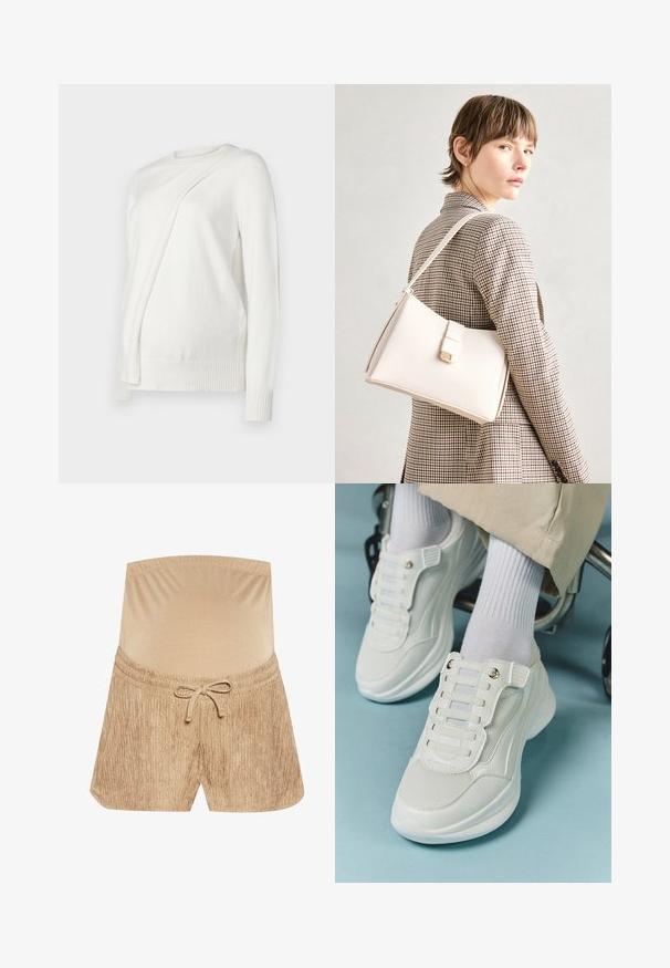 Hvit langermet genser med rund halslinning, med et skrått, foldet design foran og ribbede mansjetter og nederkant. Mykt materiale.; Beige shorts med elastisk midje, snördetaljer och teksturert stoff med et vertikalt stripemønster.; Hvite sneakers med mesh-materiale, gummisåle, snøret design uten laces og elastiske bånd, samt gulltone detaljer.; Hvit lær veske med en strukturert design, med magnetlås og skulderstropp, vist mot en nøytral bakgrunn.