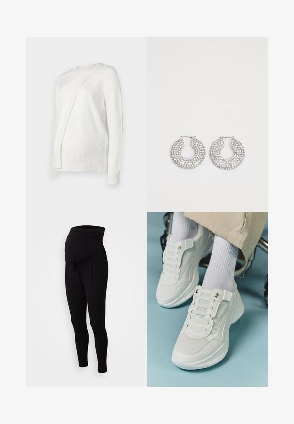 Pulover alb cu mânecă lungă și guler rotund, având un design pliat diagonal pe față și manșete și tiv din tricot. Material moale.; Pantaloni de maternitate negri din jerseu, cu talie elastică, detalii cu șnur și picioare taperate. Construiți dintr-o țesătură moale și flexibilă pentru confort.; Adidași albi cu un material din plasă, talpă din cauciuc, design fără șireturi cu benzi elastice și accente aurii.; Cercei din argint cu inel, decorati cu multiple stratificari de cristale transparente, având o suprafață texturată și un design circular deschis.