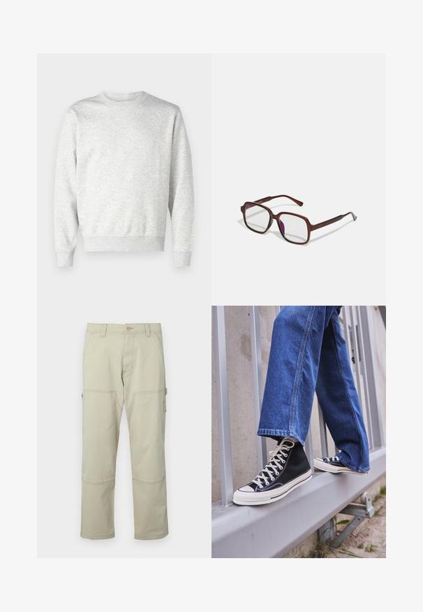 Grå hettegenser laget av mykt stoff. Har rund hals, lange ermer, ribbestrikkede mansjetter og ribbestrikket kant. Enkelt, uembellert design.; Hvit skjorte med lange ermer, laget av glatt bomullsstoff, med klassisk krage og subtil glans. Fem knapper foran.; Beige cargo bukser laget av bomull med flere lommer, forsterkede knær og rette ben. Har en knappelukking og beltehemper.; Svarte høy-hælte joggesko med hvit såle og snøring, paired med løse blå denim-jeans, hvilende på et grått rekkverk.; Brune, rektangulære briller med transparente glass og lilla nyanser. Glatt plastikkramme med rette templer og subtile detaljer.