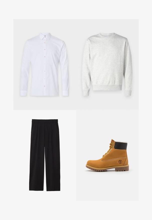 Gray sweatshirt made of soft fabric. Features a crew neck, long sleeves, ribbed cuffs, and a ribbed hem. Simple, unembellished design.; White long-sleeve shirt made of cotton, featuring a button-down collar, pink buttons, and a fitted design. No patterns or graphics.; Black wide-leg trousers with a pleated front, side pockets, and a smooth fabric texture. Designed for a relaxed fit.; Brown leather ankle boot with metal eyelets, white fur lining, black padded collar, rugged sole, and embossed logo on the side.