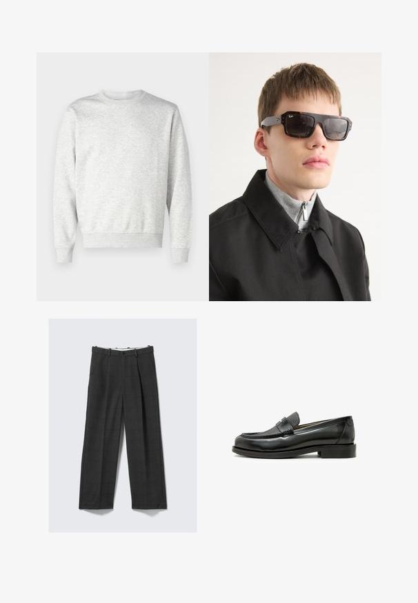 Sivý mikina vyrobená z mäkkej textílie. Má okrúhly výstrih, dlhé rukávy, rebrované manžety a rebrovaný lem. Jednoduchý, bez ozdôb dizajn.; Široké nohavice tmavošedej farby s károvaným vzorom, vyrobené z textúrovanej tkaniny. Majú zapínanie na gombík a dve bočné vrecká.; Čierne kožené loafre s textúrovaným čiernym koženým doplnkom, zaoblenou špičkou a nízkym blokovým podpätkom; obsahujú dekoratívny kovový detail.; Slnečné okuliare v korytnačkovom vzore s čiernymi akcentmi a obdĺžnikovým tvarom. Sivé strany sú zdobené logom značky. Nosené s čiernym kabátom a sivým rolákom.