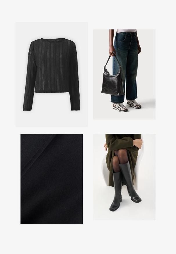 Suéter negro de manga larga de punto con un patrón texturizado, escote redondo y un corte cropped. El material parece ligero y transpirable.; Tejido negro con una textura suave, que presenta variaciones sutiles en el brillo y un ligero estiramiento, ideal para prendas o tapicería.; Botas de cuero negro hasta la rodilla con puntera cuadrada y tacón de bloque, presentadas con un modelo sentado en un abrigo verde oliva. Textura suave, mínimo detalle.; Bolso de hombro de cuero negro con una textura suave y correa ajustable, combinado con jeans de pierna ancha desgatados y zapatillas deportivas.