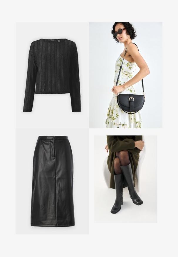 Melna, ar garām piedurknēm adīta džemperis ar teksturētu rakstu, apaļu izgriezumu un īsu piegriezumu. Materiāls šķiet viegls un elpojošs.; Melnas ādas svārki ar pieguļošu siluetu, gludas tekstūras, vidēja garuma dizainu un smalku šuvju apdari. Nav metāla aksesuāru.; Ceļgalu augstuma melni ādas zābaki ar kvadrātu purngalu un bloku papēdi, attēloti modelī, kurš sēž olīvu zaļā mētelī. Gluda tekstūra, minimāla apdare.; Melnas ādas rokassoma ar izliekta formu, noņemamu siksnu un zelta aksesuāriem. Somai ir vāciņš ar sprādzes detaļu.