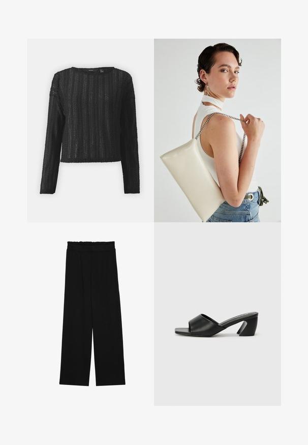 Pull en maille noir à manches longues avec un motif texturé, un col rond et une coupe courte. Le matériau semble léger et respirant.; Pantalons larges noirs à taille volante, dotés de deux poches latérales et d'un tissu lisse et léger. Pas de motifs ni de matériel visible.; Sandale à talon noire avec un dessus en simili cuir lisse, un design à bout ouvert et un talon angulaire distinctif. Semelle intérieure carrée minimaliste.; Pochette rectangulaire blanche en matériau brillant, avec une bandoulière en chaîne argentée. Le modèle pose en mettant en valeur le sac contre un fond uni.