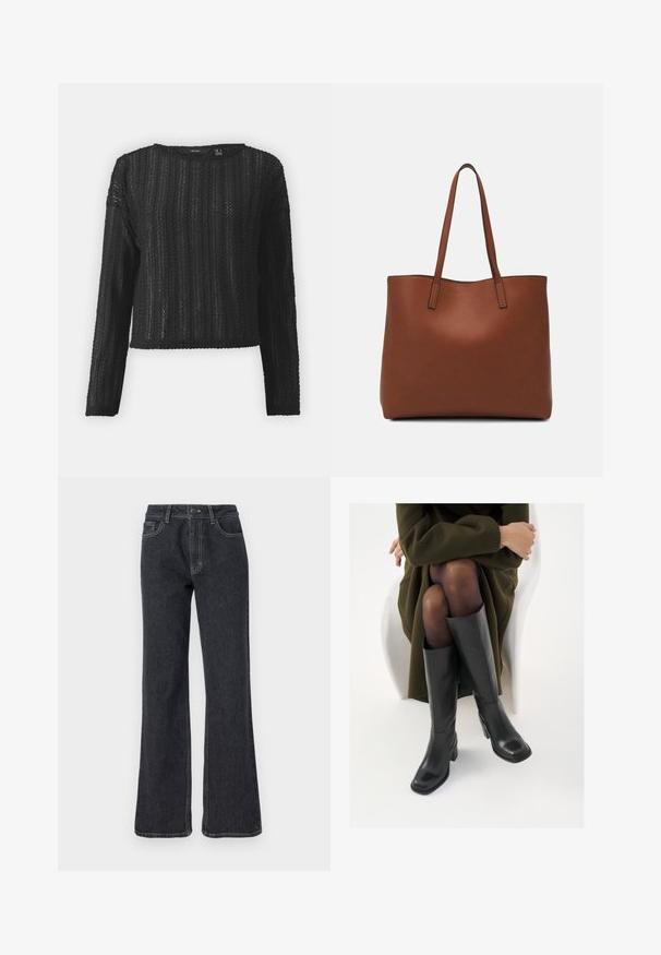 Pulover tricotat, negru, cu maneci lungi, având un model texturat, decolteu rotund și croială scurtă. Materialul pare ușor și respirabil.; Jeans evazați din denim închis, cu talie înaltă, având cusături aurii, cinci buzunare și închidere cu nasture. Textură netedă, design cu picioare drepte.; Cizme din piele neagră, până la genunchi, cu vârf pătrat și toc bloc, prezentate pe un model așezat într-o haină verde măsline. Textură netedă, detalii minime.; Geantă de umăr din piele maro cu o textură netedă, design cu vârf deschis și două curele pentru umăr. Prezintă cusături minime și fără componente metalice vizibile.