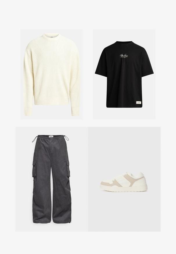 Pull en tricot crème clair avec une texture côtelée, un col rond et des épaules tombantes ; il présente une coupe décontractée et une couleur unie.; T-shirt noir à manches courtes en coton. Présente un petit logo blanc sur la poitrine et une étiquette rectangulaire en bas à droite.; Pantalons cargo gris en tissu texturé, avec une taille élastique, un cordon de serrage et des poches latérales. Coupe ample avec des jambes larges.; Baskets blanches et beiges présentant une combinaison de textures lisses et en daim, un bout rond, un système de laçage et une semelle en caoutchouc plate.