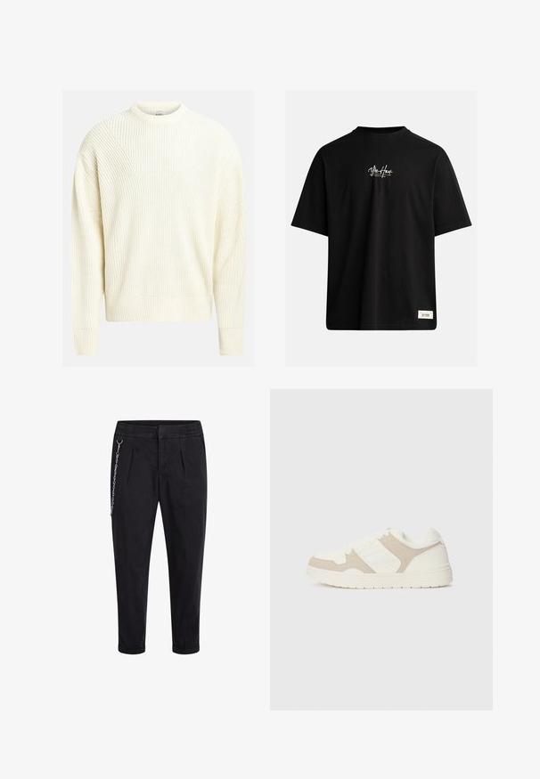 Világos krém színű kötött pulóver bordás textúrával, kerek nyakkal és ejtett vállakkal; laza szabása és egyszínű megjelenése van.; Fekete, rövid ujjú póló, amely 100% pamutból készült. A mellkason egy kis fehér logó található, és a jobb alsó részen egy téglalap alakú címke van.; Fekete nadrág elasztikus derekkal, elülső redőkkel és ezüst lánc díszítéssel a bal oldalon. Pamut keverék anyag.; Fehér és bézs sportcipő, sima és velúr textúrák kombinációjával, kerek orral, fűzős záródással és lapos gumitalppal.