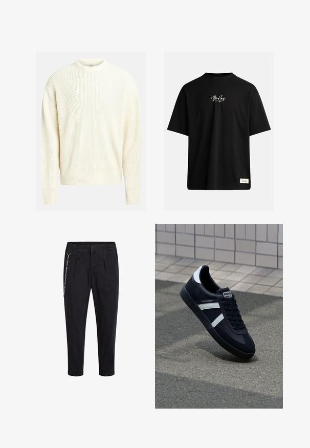 Pulover tricotat de culoare crem deschis, cu textură ribbed, guler rotund și umeri lăsați; prezintă o croială lejeră și o culoare solidă.; Tricou scurt cu mânecă, de culoare neagră, făcut din bumbac. Prezintă un mic logo alb pe piept și un etichetă rectangulară în colțul din dreapta jos.; Pantaloni negri cu un tiv elastic, având plii frontale și un accent dintr-un lanț argintiu pe partea stângă. Material din amestec de bumbac.; Sneaker din piele neagră cu dungi albe, talpă din cauciuc texturat și șireturi. Prezintă un eticheta de marcă pe limbă.