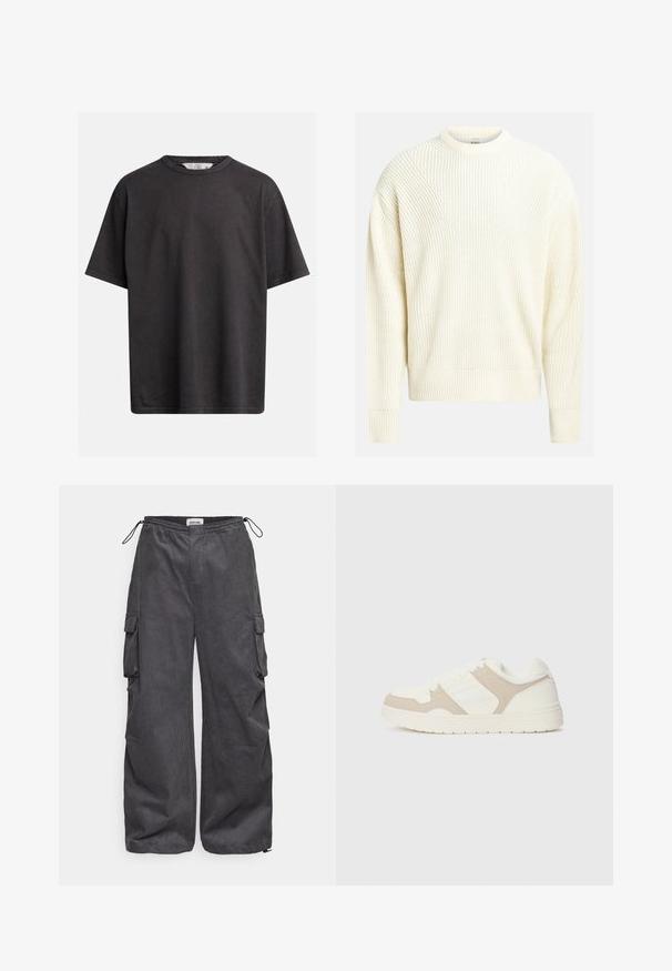 Világos krém színű kötött pulóver bordás textúrával, kerek nyakkal és ejtett vállakkal; laza szabása és egyszínű megjelenése van.; Sötétszürke pamut póló kerek nyakkal, rövid ujjakkal, és laza szabással. Diszkrét varrási részletekkel rendelkezik.; Szürke cargo nadrág, texturált anyagból készült, rugalmas derékrésszel, zsinórral és oldalsó zsebekkel. Laza szabású, széles lábakkal.; Fehér és bézs sportcipő, sima és velúr textúrák kombinációjával, kerek orral, fűzős záródással és lapos gumitalppal.