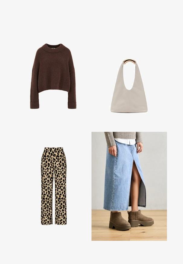 Bruine, cropped trui met een brede halslijn en lange mouwen. Gemaakt van zachte, gestructureerde stof met geribde manchetten en zoom. Eenvoudig ontwerp.; Lepelprint wijde pijpen broek in beige en zwart. Beschikt over een gladde textuur met een elastische tailleband. Rechte snit tot aan de enkels.; Lange spijkerrok in lichtblauw met een voorzijde split, gecombineerd met bruine suède enkellaarsjes met dikke zolen en afgeronde neuzen.; Lichtgrijze leren tas met een U-vormig ontwerp en een gebogen metalen handvat. Glad oppervlak met minimale stiksels en geen zichtbare patronen.