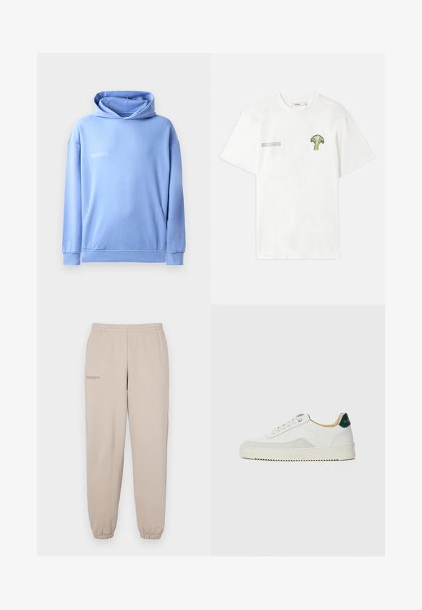 Svijetloplavi dukserica od mekog materijala, s kengur džepom, kapuljačom s vezicom i minimalističkim tekstom na prednjem dijelu.; Bijela pamučna majica s grafikom zelenog brokolija na lijevoj strani prsnog koša i ispisanim tekstom na desnoj strani. Kratki rukavi, okrugli izrez.; Bež trenerke izrađene od mekanog materijala, s elastičnim pojasom i manžetama, s malim printanim tekstom na lijevoj nozi.; Bijele tenisice s akcentima od antilopa, zaobljenim vrhom, ravnim vezicama i krem gumenim potplatom. Imaju zelenu oznaku na peti.