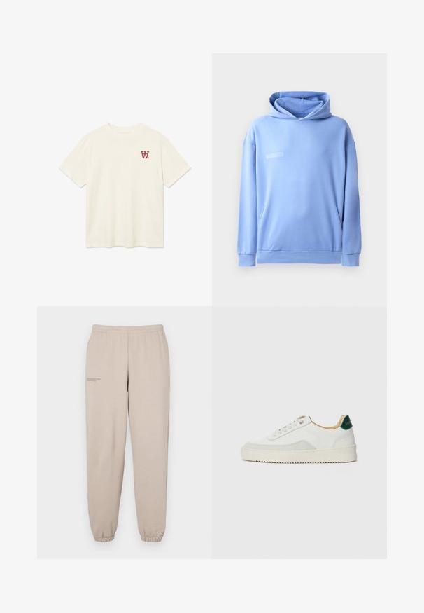 Lysblå hoodie lavet af blødt stof, med en kængurulomme, en snoretrækshætte og minimal tekstdetalje på forsiden.; Off-white kortærmet T-shirt med rund hals og lille rød "W" logo på venstre bryst.; Beige sweatpants lavet af blødt stof, med elastisk talje og manchetter, samt en lille trykt tekstdetalje på venstre ben.; Hvide sneakers med ruskindsdetaljer, rund tå, flade snørebånd og en cremet gummisål. Har grøn branding på hælen.