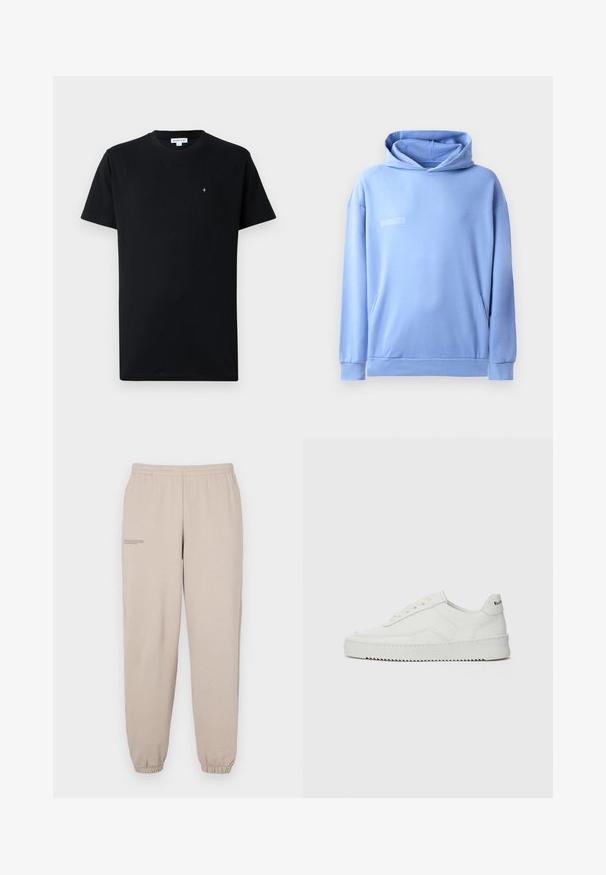 Light blue hoodie made of soft fabric, featuring a kangaroo pocket, a drawstring hood, and minimal text detail on the front.; Black short-sleeve t-shirt made of cotton, featuring a round neckline and a small circular logo on the chest. Smooth texture.; Beige sweatpants made of soft fabric, featuring an elastic waistband and cuffs, with a small printed text detail on the left leg.; White leather sneaker with a smooth finish, round toe, flat laces, and a textured sole. Features a subtle logo on the heel.
