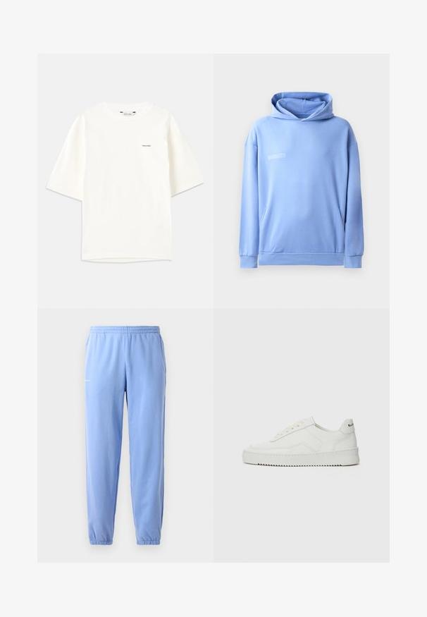 Hele sinine kapuutsiga dressipluus, mis on valmistatud pehmest kangast, omab taskut, kapuutsi reguleerimist ja minimaalset tekstidetaile ees.; Valge lühikeste varrukatega T-särk, mis on valmistatud puuvillast. Omab ümarat kaelaauku ja väikest musta "Holzweiler" logo vasakul küljel.; Heledad sinine spordipüksid elastse vöökoha, mansetiga pahkluude ja küljetaskutega. Omab väikest trükitud logo puusa lähedal.; Valge nahast tennis, millel on sile põhi, ümar varvas, lamedad nöörid ja tekstuuriline tall. Sisaldab diskreetset logo kontsaribal.