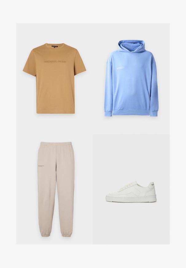 Vaaleansininen huppari, joka on valmistettu pehmeästä kankaasta. Siinä on kengurun tasku, kiristettävä huppu ja minimaalinen teksti etupuolella.; Valkoinen puuvillapaita, jossa on pyöreä pääntie ja lyhyet hihat, edessä hienovaraisesti kohokuvioitu "MICHAEL KORS".; Beiget värviga treeningpüksid, mis on valmistatud pehmest kangast, elastselt vöökoht ja soonikud, vasakul jalal on väike trükitekst. ; Valkoinen nahkakenkä, jossa on sileä pinta, pyöreä kärki, tasaiset nauhat ja teksturoitu pohja. Sisältää huomaamattoman logon kantapäässä.
