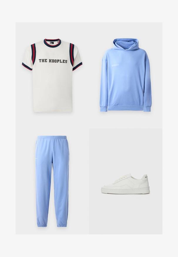 Ανοιχτού μπλε φούτερ από μαλακό ύφασμα, με καγκουρό τσέπη, κουκούλα με κορδόνι και ελάχιστη γραμματική λεπτομέρεια στο μπροστινό μέρος.; Λευκό μπλουζάκι με στρογγυλή λαιμόκοψη, με μπλε και κόκκινες ρίγες στα μανίκια, και το "THE KOOPLES" κεντημένο με έντονα γράμματα μπροστά.; Ανοιχτό μπλε φόρμες με ελαστική μέση, μανσέτες στους αστραγάλους και πλευρικές τσέπες. Διαθέτει ένα μικρό λογότυπο εκτυπωμένο κοντά στο ισχίο.; Λευκό δερμάτινο sneakers με λείο φινίρισμα, στρογγυλή μύτη, επίπεδα κορδόνια και υφή στην σόλα. Φέρει μια διακριτική λογότυπο στη φτέρνα.