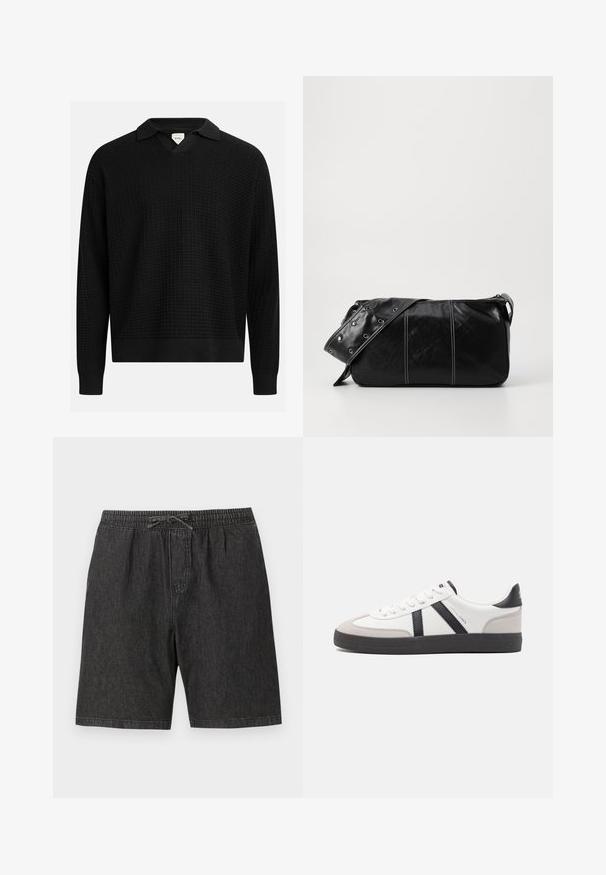Black knitted sweater with a V-neck and collar, featuring a textured grid pattern, ribbed cuffs, and hem. Lightweight fabric.; Black denim shorts with an elastic waistband and adjustable drawstring. Features side pockets and a loose, relaxed fit.; White sneaker with black and gray accents, featuring a textured gray toe cap, black rubber sole, and flat white laces. Clean design, minimalist style.; Black leather shoulder bag with a zip closure, featuring a textured body, white stitching, and a strap with silver grommets.