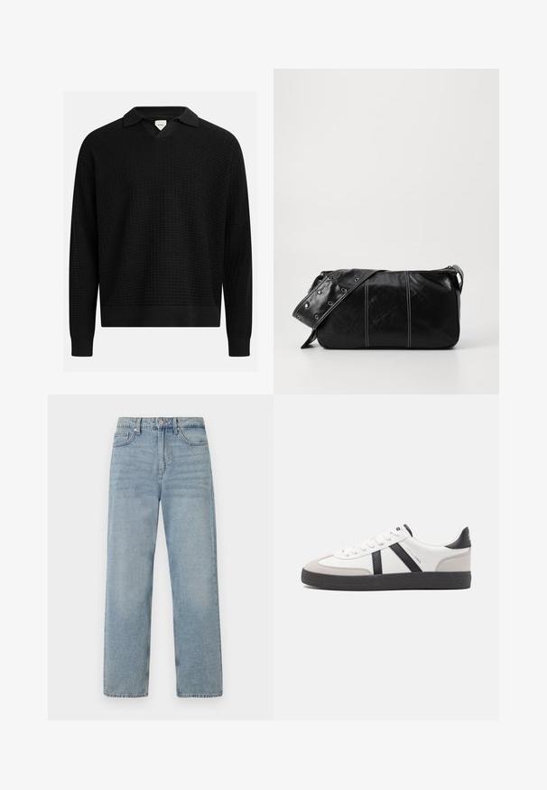 Svart strikket genser med V-hals og krage, med et teksturert rutemønster, ribbede mansjetter og nederkant. Lett stoff.; Lys blå denimjeans med høy midje, rett ben-design, fem lommer, og subtil falming for et brukt utseende.; Hvite sneakers med svarte og grå detaljer, med en teksturert grå tåhette, svart gummisåle, og flate hvite lisser. Rent design, minimalistisk stil.; Svart lær skulderveske med glidelås, med teksturert overflate, hvite sømmer og en stropp med sølvringer.