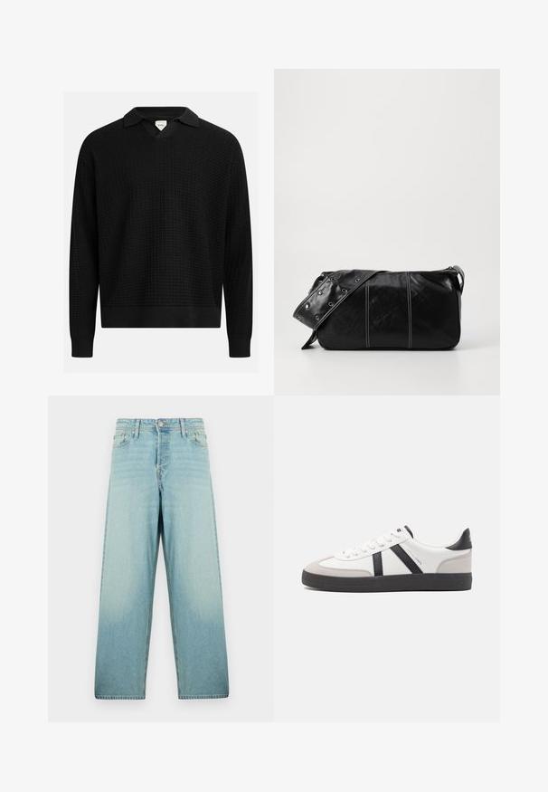 Suéter negro de punto con escote en V y cuello, que presenta un patrón texturizado en cuadrícula, puños y dobladillo acanalados. Tejido ligero.; Jeans de pierna ancha en azul claro hechos de denim con un lavado desgastado. Presentan un cierre frontal con botón y un diseño de cinco bolsillos.; Zapatilla blanca con acentos en negro y gris, que presenta una puntera texturizada en gris, suela de goma negra y cordones planos blancos. Diseño limpio, estilo minimalista.; Bolso de hombro de cuero negro con cierre de cremallera, que presenta un cuerpo texturizado, costuras blancas y una correa con ojales plateados.