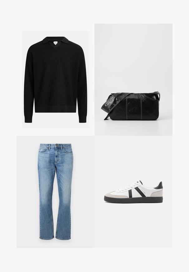 Svart strikket genser med V-hals og krage, med et teksturert rutemønster, ribbede mansjetter og nederkant. Lett stoff.; Lyseblå denimjeans med rett ben-design, med frontknappelukking, fem lommer og falmede områder for tekstur.; Hvite sneakers med svarte og grå detaljer, med en teksturert grå tåhette, svart gummisåle, og flate hvite lisser. Rent design, minimalistisk stil.; Svart lær skulderveske med glidelås, med teksturert overflate, hvite sømmer og en stropp med sølvringer.