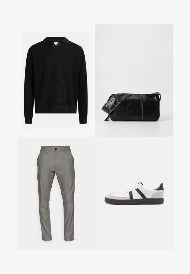 Czarny sweter wykonany na drutach z dekoltem w kształcie litery V i kołnierzykiem, z teksturowanym wzorem w kratkę, ściągaczami przy mankietach i u dołu. Lekka tkanina.; Szare spodnie wykonane z gładkiego materiału, z zapięciem na guzik, kieszeniami bocznymi oraz zwężającym się krojem i przeszyciami.; Białe sneakersy z czarnymi i szarymi akcentami, z teksturowanym szarym czubkiem, czarną gumową podeszwą i płaskimi białymi sznurowadłami. Czysty design, minimalistyczny styl.; Czarna skórzana torba na ramię z zamkiem błyskawicznym, charakteryzująca się teksturowanym korpusem, białymi przeszyciami oraz paskiem z srebrnymi osłonkami.