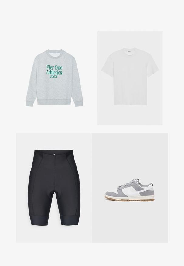 Pilkas džemperis su apykakle, su žalia siuvinėta užrašu: "Pier One Athletics 1968" ant priekinės pusės. Ilgos rankovės, gumuoti rankogaliai.; Balta medvilninė marškinė su trumpomis rankovėmis, apvaliu iškirpimu ir laisvu siluetu. Sklandus paviršius be matomų raštų ar akcentų.; Juodi dviratininkų šortai, pagaminti iš elastingos medžiagos. Pasižymi paminkštinta sėdimoji dalimi, besiūle konstrukcija ir prigludusia forma su elastinėmis rankovėmis apačioje.; Pilka ir balta sportinė avalynė su zomšiniu ir odiniu viršumi, suapvalintu pirštu, plokščiomis raištelėmis ir guminėmis padais su guminiu akcentu.