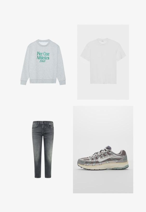 Sivi dukserica s okruglim izrezom, s zelenim izvezenim natpisom: "Pier One Athletics 1968" sprijeda. Dugi rukavi, rebraste manžete.; Bela pamukasta majica kratkih rukava, okruglog izreza i ležernog kroja. Glatka tekstura bez vidljivih uzoraka ili naglasaka.; Sive traperice s ravnim krojem; imaju pet džepova, suptilno iznošenje i izblijeđeni izgled. Zatvaranje uključuje dugme i patentni zatvarač.; Siva sportska tenisica s gornjim dijelom od mrežaste tkanine i zamshta, bijelim detaljima, amortizirajućom potplatom i prepoznatljivim dizajnom s refleksivnim elementima.