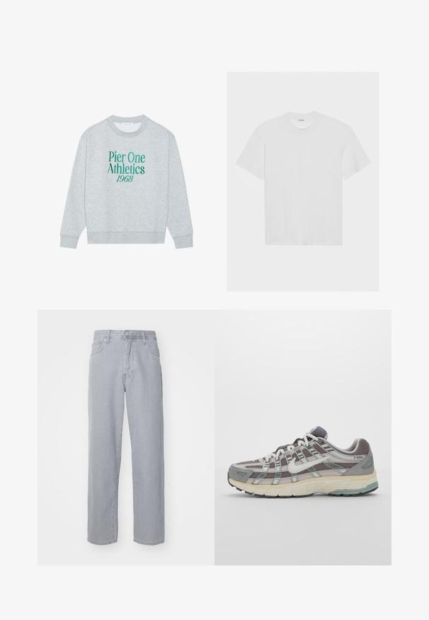 Gray sweatshirt with a crew neck, featuring green embroidered text: "Pier One Athletics 1968" on the front. Long sleeves, ribbed cuffs.; White cotton t-shirt with short sleeves, crew neck, and a relaxed fit. Smooth texture and no visible patterns or accents.; Light gray denim jeans with a straight leg design, five pockets, belt loops, and a button fly. Smooth texture with no visible patterns.; Gray athletic shoe featuring a mesh and suede upper, white accents, a cushioned sole, and a distinctive design with reflective elements.