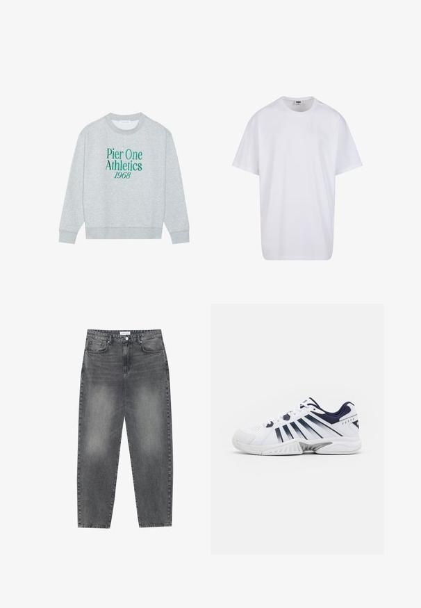 Grå hettegenser med rund hals, med grønn brodert tekst: "Pier One Athletics 1968" på forsiden. Lange ermer med ribbede mansjetter.; Hvit bomull t-skjorte med korte ermer, rund utringning, avslappet passform, og ingen synlige logoer eller mønstre. Glatt tekstur og minimalistisk design.; Høyt liv, løstsittende jeans i falmet svart denim. Har fem lommer, beltehemper og et rent, rett ben-design.; Hvit idrettssko med marineblå detaljer, med perforert design, snøring og teksturert såle med et uttalt mønster.