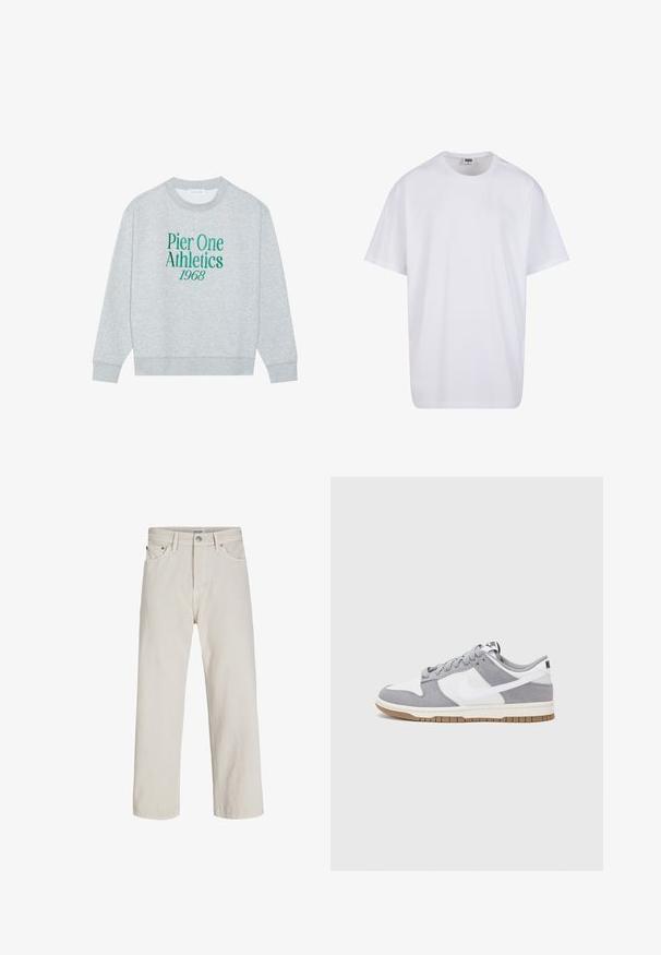 Sivi dukserica s okruglim izrezom, s zelenim izvezenim natpisom: "Pier One Athletics 1968" sprijeda. Dugi rukavi, rebraste manžete.; Bijela pamučna majica s kratkim rukavima, zaobljenim izrezom, opuštenog kroja, bez vidljivih logotipa ili uzoraka. Glatka tekstura i minimalni dizajn.; Svijetlosmeđi traper hlače ravnog kroja, s prednjim džepovima, zatvaranjem na gumb i suptilnim detaljima šivanja.; Sivi i bijeli tenisice s gornjištem od antilopa i kože, okruglim vrhom, ravnim vezicama i gumenim potplatom s dodatkom boje gume.