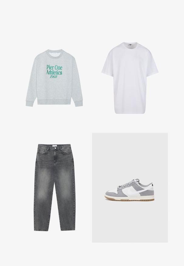 Sudadera gris con cuello redondo, que presenta texto bordado en verde: "Pier One Athletics 1968" en el frente. Mangas largas, puños acanalados.; Camiseta blanca de algodón con mangas cortas, cuello redondo, corte relajado y sin logotipos ni patrones visibles. Textura suave y diseño minimalista.; Jeans de cintura alta y corte holgado en denim negro desgastado. Con cinco bolsillos, pasadores para el cinturón y un diseño de pierna recta y limpia.; Zapatilla gris y blanca con parte superior de ante y cuero, puntera redondeada, cordones planos y suela de goma con un acento de goma.