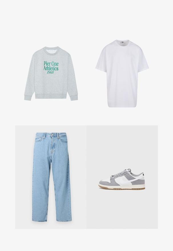 Felpa grigia con colletto rotondo, caratterizzata da testo ricamato verde: "Pier One Athletics 1968" sulla parte frontale. Maniche lunghe, polsini a costine.; Maglietta bianca in cotone con maniche corte, scollatura rotonda, vestibilità comoda e senza loghi o motivi visibili. Texture liscia e design minimale.; Jeans a vita alta blu chiaro con gamba dritta, dotati di cinque tasche e chiusura frontale con bottone e zip.; Sneaker grigia e bianca con tomaia in suede e pelle, punta arrotondata, lacci piatti e soletta in gomma con un accento color caramello.