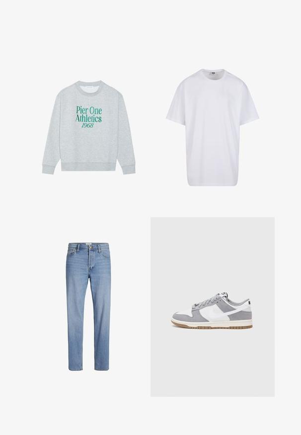 Sudadera gris con cuello redondo, que presenta texto bordado en verde: "Pier One Athletics 1968" en el frente. Mangas largas, puños acanalados.; Camiseta blanca de algodón con mangas cortas, cuello redondo, corte relajado y sin logotipos ni patrones visibles. Textura suave y diseño minimalista.; Vaqueros de mezclilla azul claro con corte recto, diseño estándar de cinco bolsillos y costuras visibles. Sin patrones o acentos distintivos.; Zapatilla gris y blanca con parte superior de ante y cuero, puntera redondeada, cordones planos y suela de goma con un acento de goma.