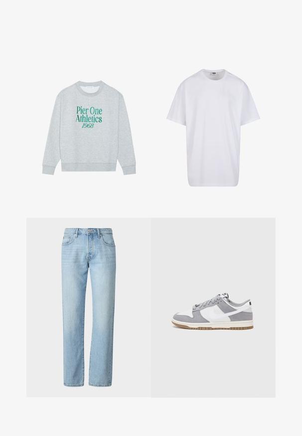 Grijze sweatshirt met ronde hals, featuring groene geborduurde tekst: "Pier One Athletics 1968" aan de voorkant. Lange mouwen, geribbelde manchetten.; Witte katoenen t-shirt met korte mouwen, ronde hals, relaxte pasvorm en zonder zichtbare logo's of patronen. Gladde textuur en minimalistisch ontwerp.; Lichtblauwe denim jeans met een rechte snit, met een klassieke vijf-pocketontwerp en subtiele vervagings op de stof.; Grijze en witte sneaker met een bovenwerk van suede en leer, ronde neus, platte veters en een rubberen zool met een gumaccent.