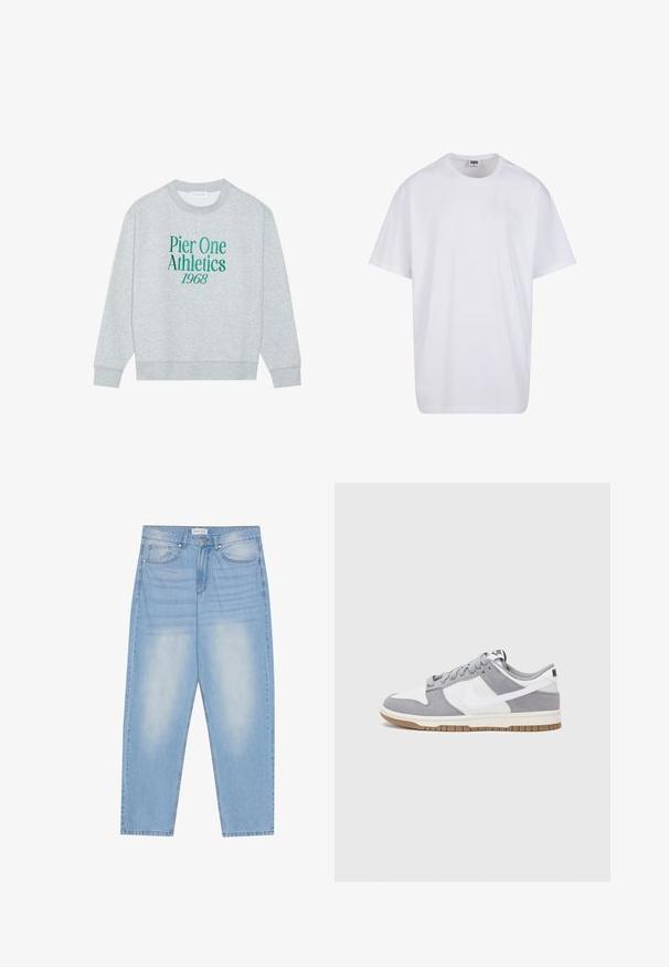 Sweatshirt gri cu guler rotund, având text brodat verde: "Pier One Athletics 1968" pe față. Mâneci lungi, manșete cu nervuri.; Tricou alb din bumbac cu mâneci scurte, decolteu rotund, croială lejeră și fără logo-uri sau modele vizibile. Textură netedă și design minimalist.; Jeans din denim albastru deschis cu un croi lejer, având cinci buzunare, decolorare subtilă și cusături de-a lungul cusăturilor.; Sneaker gri și alb, cu un superior din suede și piele, vârf rotund, șireturi plate și o talpă din cauciuc ce prezintă un accent de culoare gum.