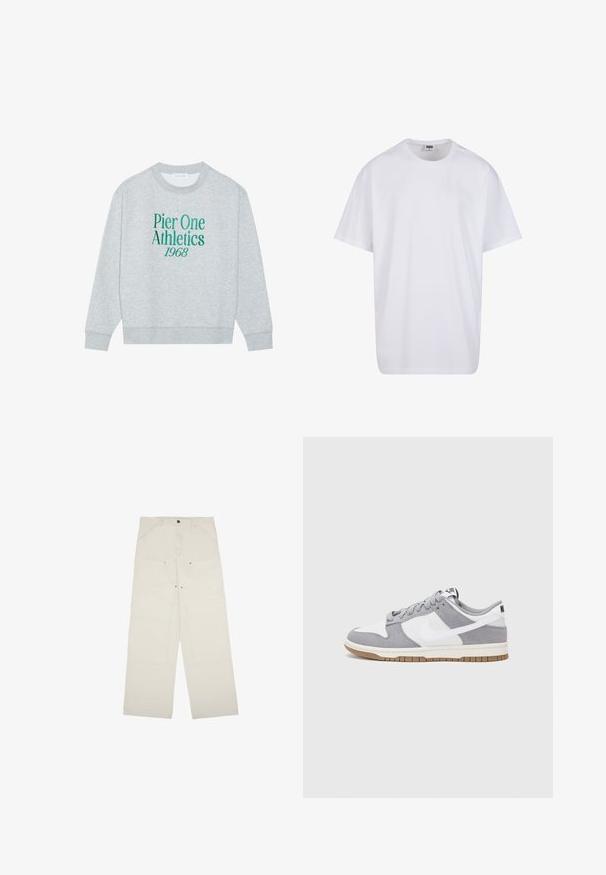 Grå sweatshirt med rund hals, prydet med grøn broderet tekst: "Pier One Athletics 1968" på forsiden. Lange ærmer, ribbede manchetter.; Hvid bomulds t-shirt med korte ærmer, rund halsudskæring, afslappet pasform, og ingen synlige logoer eller mønstre. Glat tekstur og minimalistisk design.; Lyse beige bukser med vidde lavet af bomuld, med forlommer, lukning med én knap og synlige syninger.; Grå og hvid sneaker med en overdel i ruskind og læder, rund tå, flade snørebånd og en gummisål med en gummifarvet detalje.