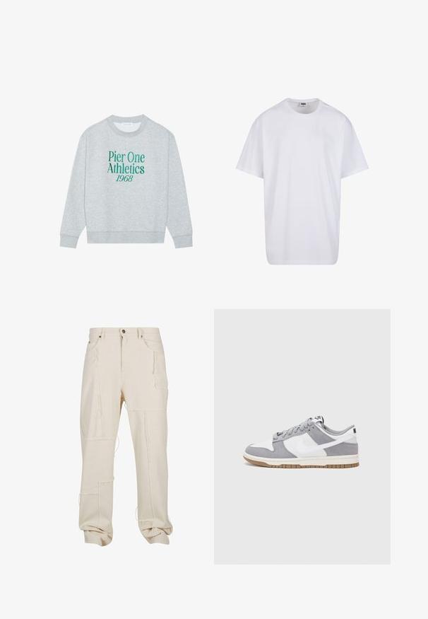Halli hall, millel on ümmargune kaelus, millel on esiküljel roheliseks tikitud tekst: "Pier One Athletics 1968". Pikad varrukad, soonikkoes mansetid.; Valge puuvillane t-särk lühikeste varrukatega, ümmarguse kaelusega, lõdva lõikega ja ilma nähtavate logodeta või mustriteta. Sile tekstuur ja minimaalne disain.; Bežist puuvillased cargo-püksid, millel on mitu taskut, toorõmbluse aktsendid, lõdva istuvuse ja üleskeeratud varrukaotsad. Tekstureeritud kangas, millel on nähtavad õmblused.; Halli ja valge tennis鞋, millel on nubuk- ja nahkdetailid, ümar varvas, lamedad nöörid ning kummist tald, millel on kola aktsent.