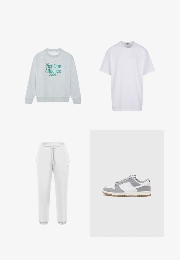 Grauer sweatshirt mit Rundhalsausschnitt, mit grünem gesticktem Text: "Pier One Athletics 1968" auf der Vorderseite. Langärmlig, mit gerippten Bündchen.; Weiße Baumwoll-T-Shirt mit kurzen Ärmeln, rundem Ausschnitt, lockerer Passform und ohne sichtbare Logos oder Muster. Glatte Textur und minimalistisches Design.; Hellgraue Jogginghose mit elastischem Bund, Kordelzug und elastischen Bündchen; weicher Stoff mit kleinem Logo near der Tasche.; Nike-Sneaker verfügen über ein graues Wildleder- und weißes Lederoberteil mit Perforationen, runden Schnürsenkeln und einer Gummisohle für besseren Halt.