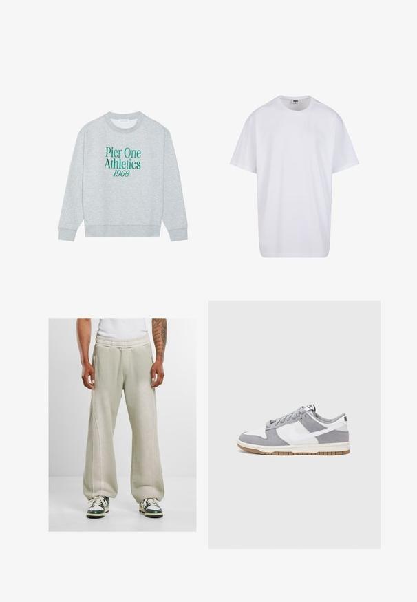 Szürke pulóver kerek nyakkal, elöl zöld hímzett szöveggel: "Pier One Athletics 1968". Hosszú ujjú, bordás mandzsettákkal.; Fehér pamut póló rövid ujjal, kerek nyakú, laza szabású, és nincsenek látható logók vagy minták. Simább textúra és minimalista dizájn.; Világosszürke, oversized melegítőnadrág, puha anyagból készült. Jellemzője az elasztikus derékpánt és az oldalsó zsebek. Zöld és fehér sportcipővel viselve.; Szürke és fehér sportcipő, velúr és bőr felsőrésszel, kerek orral, lapos fűzőkkel és gumitalppal, amelyen rágógumi színű díszítés található.