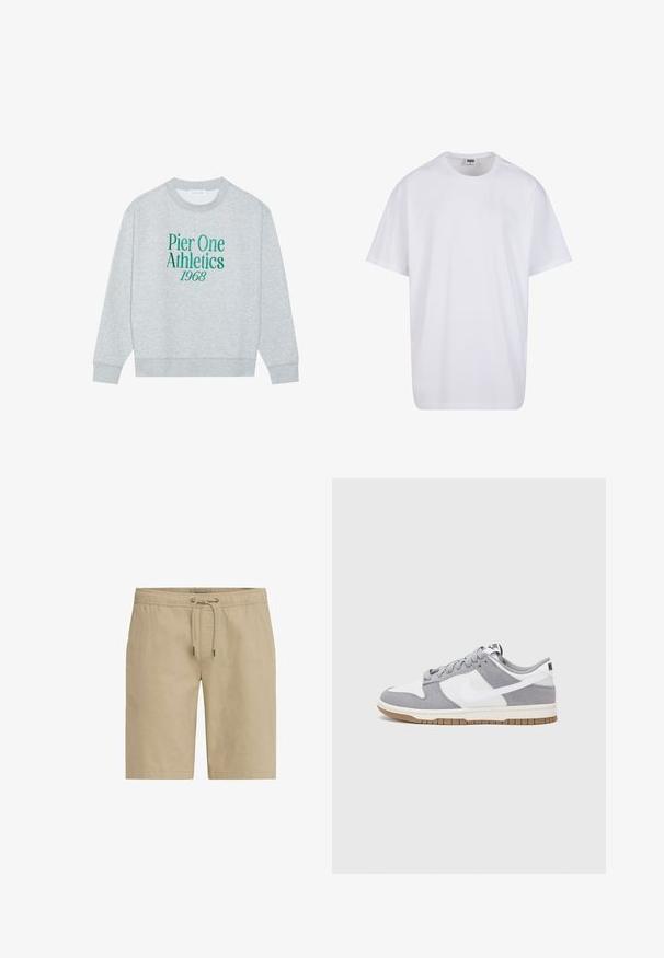 Pilkas džemperis su apykakle, su žalia siuvinėta užrašu: "Pier One Athletics 1968" ant priekinės pusės. Ilgos rankovės, gumuoti rankogaliai.; Balta medvilninė marškinėlių užsagėlė su trumpomis rankovėmis, apvaliu kaklu, laisva forma ir be matomų logotipų ar raštų. Lygi tekstūra ir minimalus dizainas.; Šviesiai rudos spalvos šortai, pagaminti iš minkštos medžiagos, su elastinga juosmeniu ir raišteliu, taip pat su šoninėmis kišenėmis, su tiesiu kirpimu.; Pilka ir balta sportinė avalynė su zomšiniu ir odiniu viršumi, suapvalintu pirštu, plokščiomis raištelėmis ir guminėmis padais su guminiu akcentu.