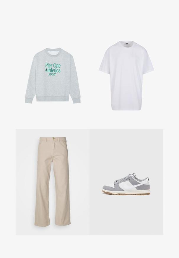 Felpa grigia con colletto rotondo, caratterizzata da testo ricamato verde: "Pier One Athletics 1968" sulla parte frontale. Maniche lunghe, polsini a costine.; Maglietta bianca in cotone con maniche corte, scollatura rotonda, vestibilità comoda e senza loghi o motivi visibili. Texture liscia e design minimale.; Pantaloni beige in cotone a gamba larga con cinque tasche, chiusura a bottone e passanti per la cintura; texture liscia con taglio dritto e orlo.; Sneaker grigia e bianca con tomaia in suede e pelle, punta arrotondata, lacci piatti e soletta in gomma con un accento color caramello.