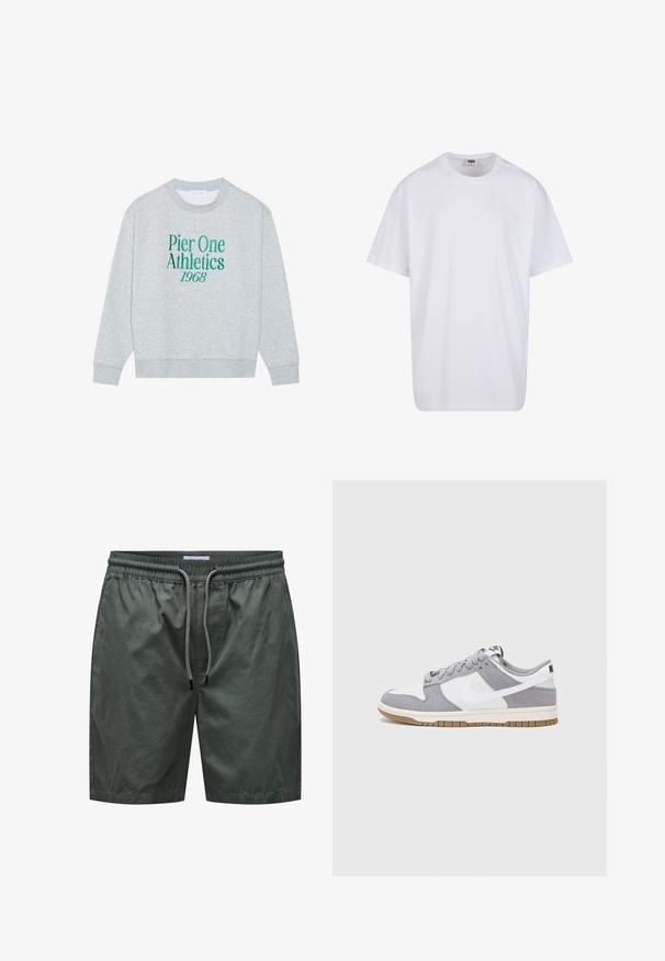 Szürke pulóver kerek nyakkal, elöl zöld hímzett szöveggel: "Pier One Athletics 1968". Hosszú ujjú, bordás mandzsettákkal.; Fehér pamut póló rövid ujjal, kerek nyakú, laza szabású, és nincsenek látható logók vagy minták. Simább textúra és minimalista dizájn.; Zöld, könnyű anyagból készült rövidnadrág, rugalmas derékkal és húzózsinórral, sima textúrával és egyszerű kialakítással.; Szürke és fehér sportcipő, velúr és bőr felsőrésszel, kerek orral, lapos fűzőkkel és gumitalppal, amelyen rágógumi színű díszítés található.