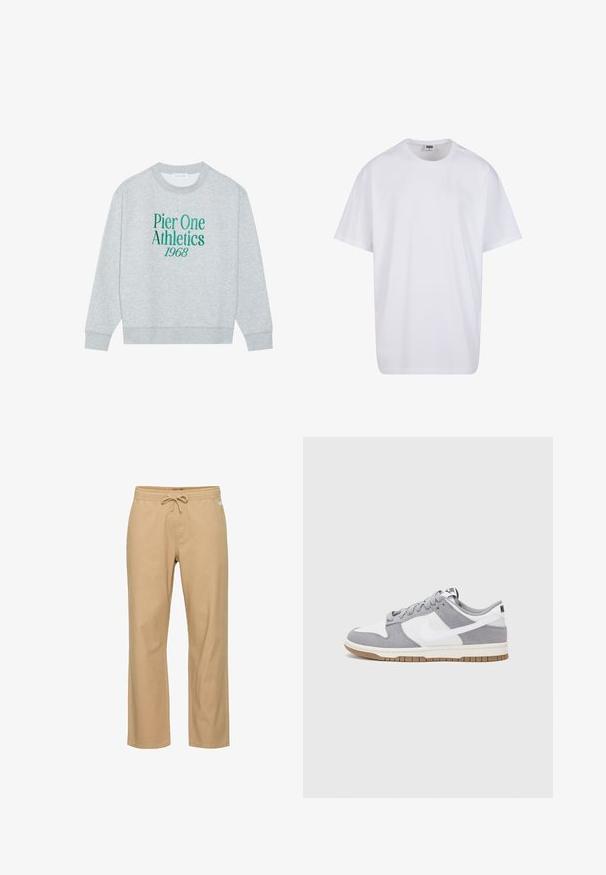 Felpa grigia con colletto rotondo, caratterizzata da testo ricamato verde: "Pier One Athletics 1968" sulla parte frontale. Maniche lunghe, polsini a costine.; Maglietta bianca in cotone con maniche corte, scollatura rotonda, vestibilità comoda e senza loghi o motivi visibili. Texture liscia e design minimale.; Pantaloni di cotone beige a gamba dritta con vita elasticizzata e cordoncino. Presentano tasche laterali e una texture liscia.; Sneaker grigia e bianca con tomaia in suede e pelle, punta arrotondata, lacci piatti e soletta in gomma con un accento color caramello.