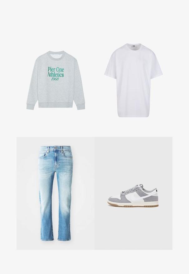 Sivi dukserica s okruglim izrezom, s zelenim izvezenim natpisom: "Pier One Athletics 1968" sprijeda. Dugi rukavi, rebraste manžete.; Bijela pamučna majica s kratkim rukavima, zaobljenim izrezom, opuštenog kroja, bez vidljivih logotipa ili uzoraka. Glatka tekstura i minimalni dizajn.; Svijetlo plave traperice s ravnim nogavicama, s ispucalom pranjem, pet džepova te standardnim kopčanjem na gumbe i patentni zatvarač.; Sivi i bijeli tenisice s gornjištem od antilopa i kože, okruglim vrhom, ravnim vezicama i gumenim potplatom s dodatkom boje gume.