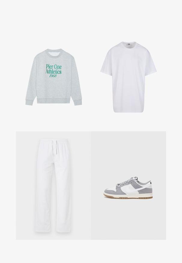 Sweat-shirt gris avec col rond, doté d'un texte brodé vert : "Pier One Athletics 1968" sur le devant. Manches longues, poignets côtelés.; T-shirt en coton blanc avec des manches courtes, un col rond, une coupe décontractée et sans logos ni motifs visibles. Texture lisse et design minimaliste.; Pantalons en coton blancs légers, avec une taille élastique et un cordon de serrage ; présentent des jambes larges et une surface lisse et non texturée.; Baskets grises et blanches avec un dessus en suède et cuir, bout rond, lacets plats et semelle en caoutchouc avec une touche de gomme.