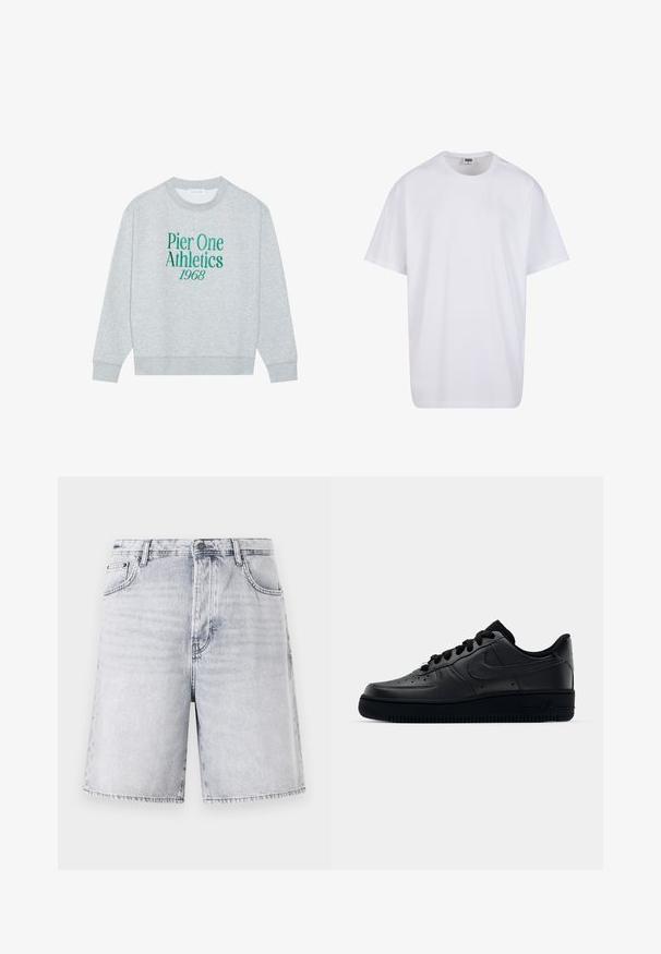 Harmaa college-paita pyöreällä kauluksella, jossa on vihreä brodeerattu teksti: "Pier One Athletics 1968" edessä. Pitkät hihat, resorit hihansuissa.; Valkoinen puuvillainen t-paita, jossa on lyhyet hihat, pyöreä kaula-aukko, rento istuvuus ja ei näkyviä logoja tai kuvioita. Sileä pinta ja minimaalinen muotoilu.; Farkkushortsit vaaleanharmaana, jossa on hieman haalistunut pinta. Sisältää viisi taskua, vyölenkit sekä vetskarin ja napin kiinnityksen.; Musta Nike Air Force 1 -lenkkari, jossa on sileä nahkapinta, rei'itetty varvasosa hengittävyyden parantamiseksi, mustat nauhat ja teksturoitu kumipohja.