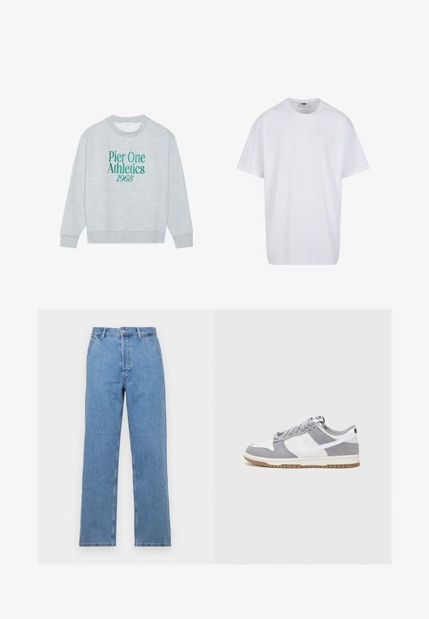 Sivi dukserica s okruglim izrezom, s zelenim izvezenim natpisom: "Pier One Athletics 1968" sprijeda. Dugi rukavi, rebraste manžete.; Bijela pamučna majica s kratkim rukavima, zaobljenim izrezom, opuštenog kroja, bez vidljivih logotipa ili uzoraka. Glatka tekstura i minimalni dizajn.; Svijetloplavi traper hlače ravnog kroja s klasičnim dizajnom od pet džepova, sa prednjim zatvaranjem na gumb i petljama za remen. Glatka tekstura.; Sivi i bijeli tenisice s gornjištem od antilopa i kože, okruglim vrhom, ravnim vezicama i gumenim potplatom s dodatkom boje gume.