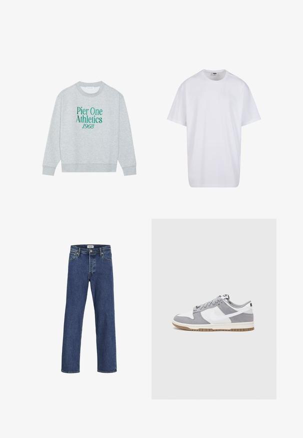 Sivij sweatshirt s krojem okoli vratu, ki na sprednji strani vsebuje zeleno vezeno besedilo: "Pier One Athletics 1968". Dolgi rokavi, rebrasti manšeti.; Bela bombažna majica s kratkimi rokavi, okroglim izrezom, sproščenim krojem in brez vidnih logotipov ali vzorcev. Gladka tekstura in minimalen dizajn.; Temno modri jeans s ravnim krojem, vidno šivi in obliko s petimi žepi; vsebujejo zadrgo in usnjeno nalepko.; Sive in bele teniske s suknim in usnjem zgornjim delom, zaobljenim nosom, ravnimi vezalkami in gumijastim podplatom z dodatkom gumijaste barve.